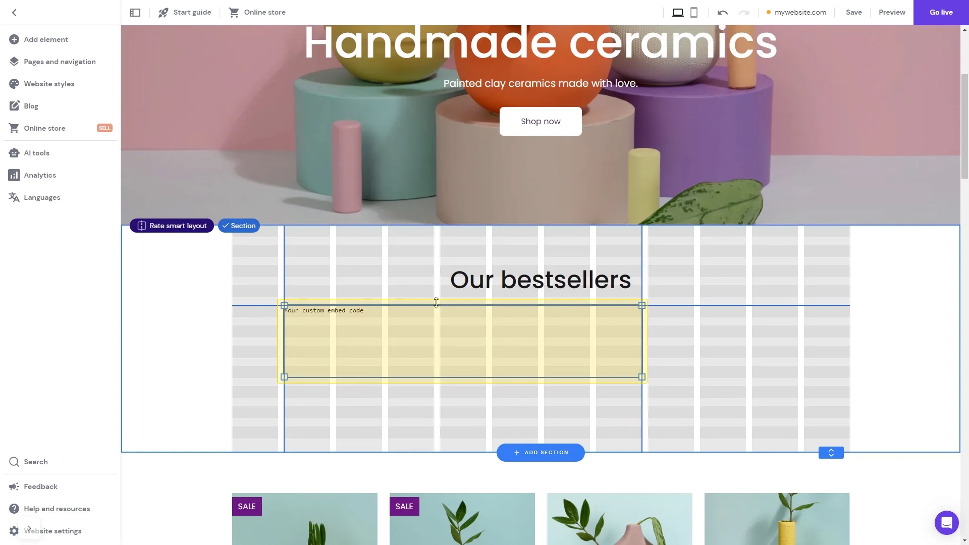 Position and set the element size